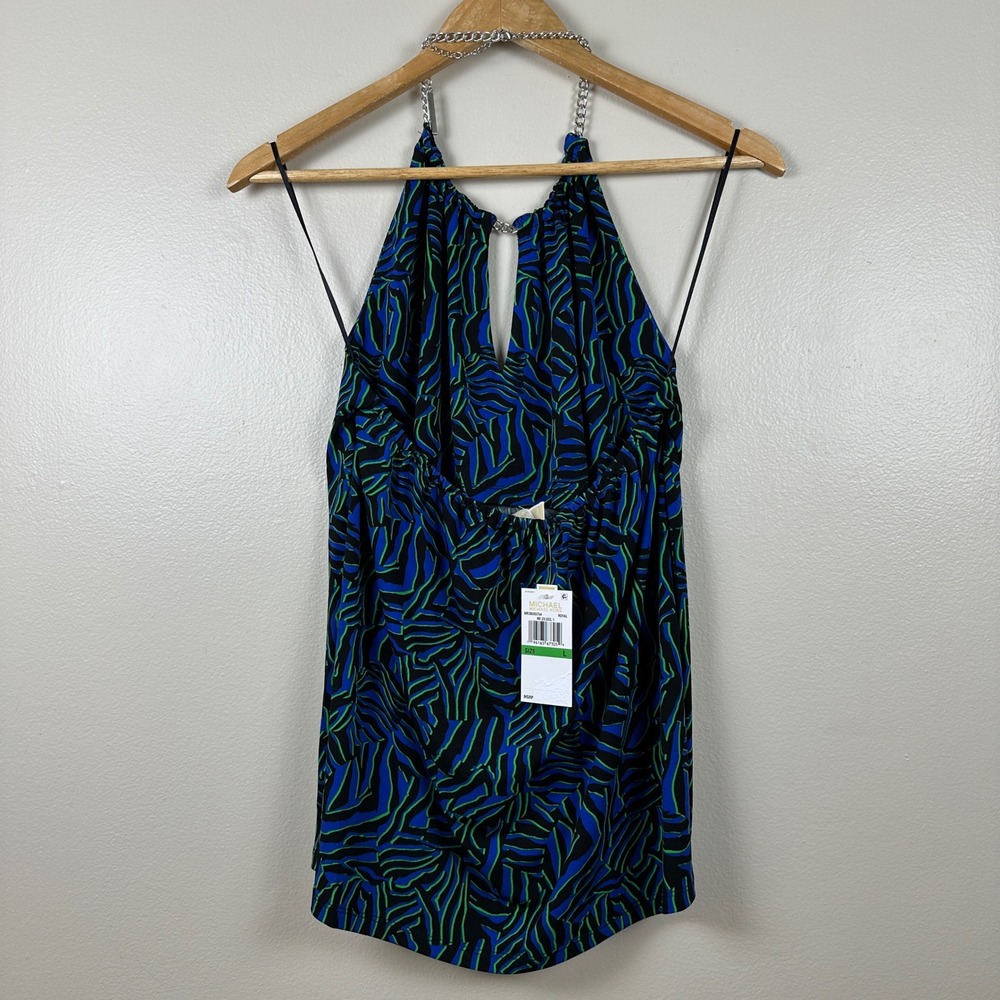 Michael Kors Women's L Halter Top Royal Blue Green Chain Neck Keyhole NEW - Picture 2 of 8